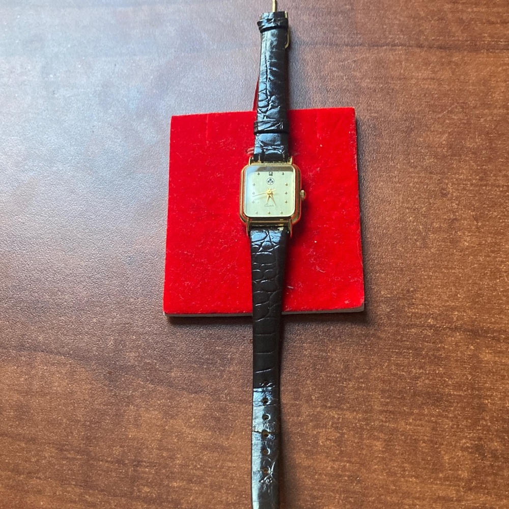 Black Leather Strap Gold Square Watch